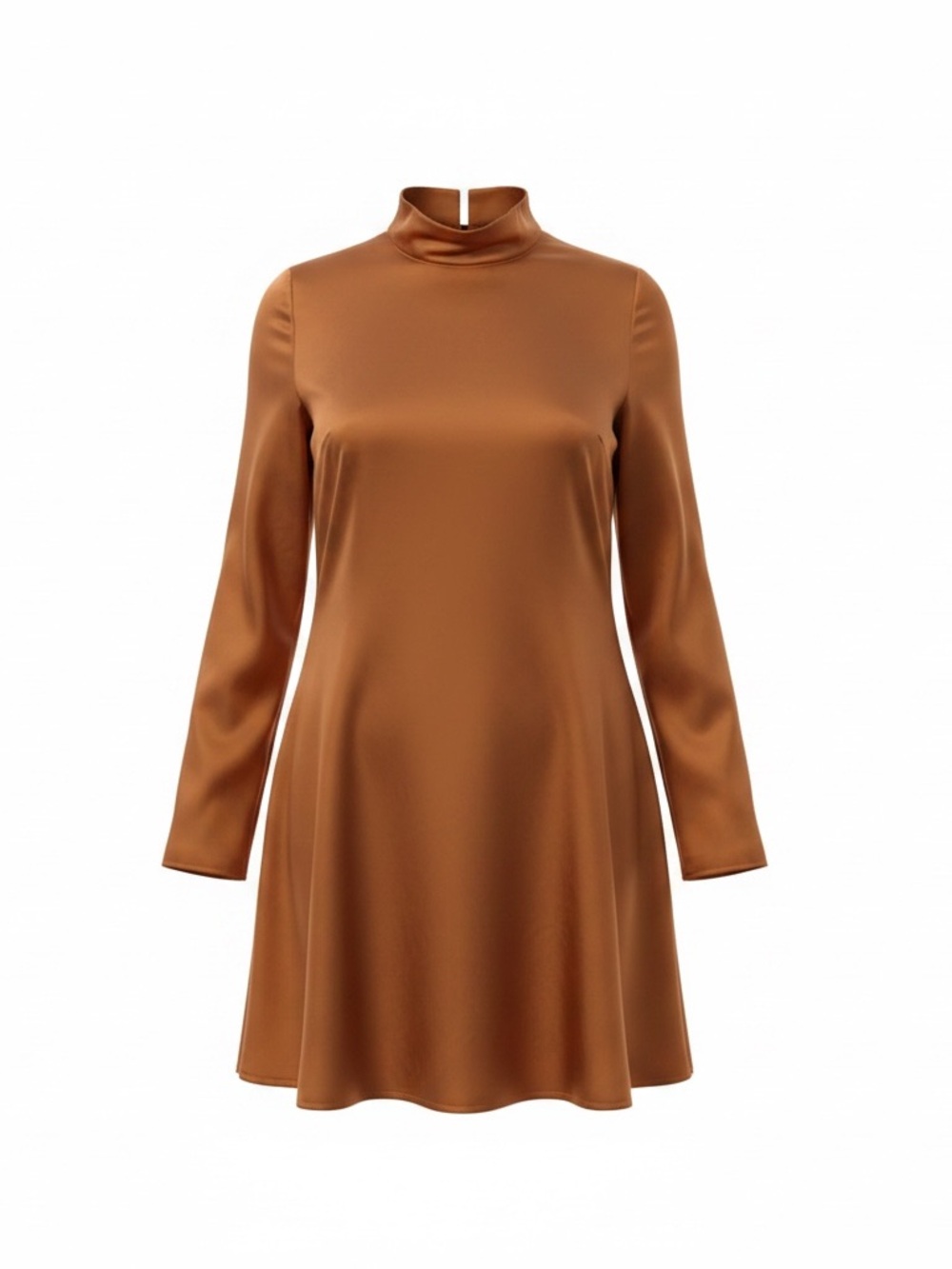 Women's Long-Sleeve Mock Neck A-Line Dress in Brown